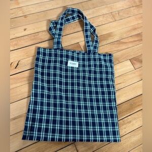 Sezane blue, green, and white checkered Octobre Editions Plaid Tote Bag